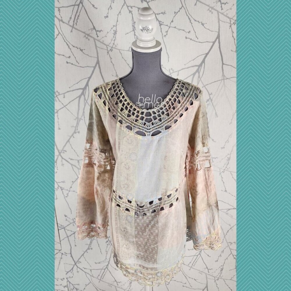Lapis Iridescent Printed Lace Crochet Detail Tunic